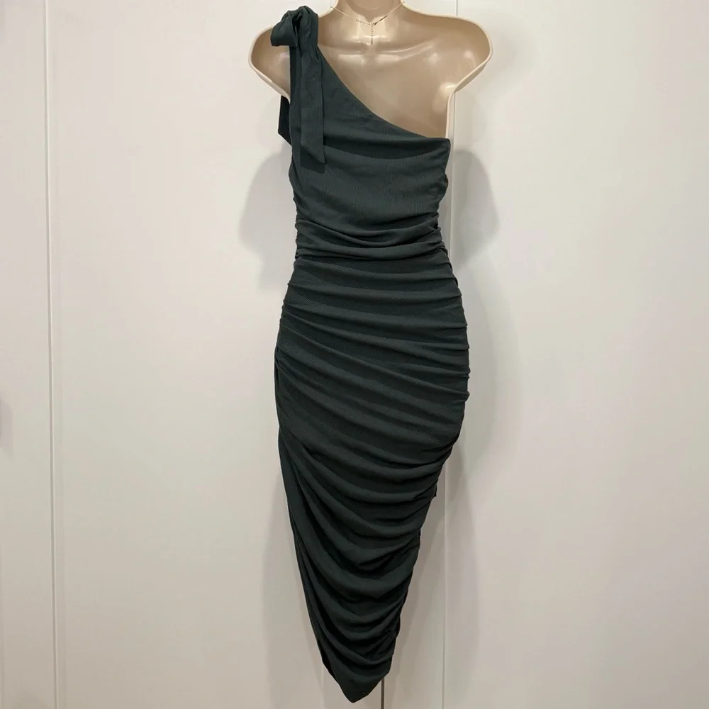 Majorelle Montreal One Shoulder Midi Dress Small Green Ruched Bodycon Cocktail
